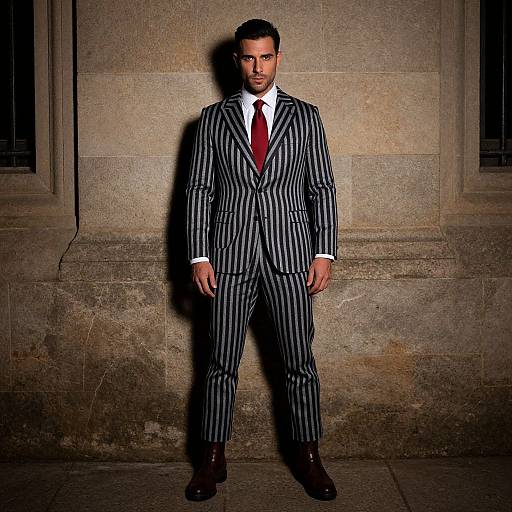 Photograph of a handsome man with dark hair, wearing a black-and-white pinstripe suit, white shirt, red tie, and brown shoes,