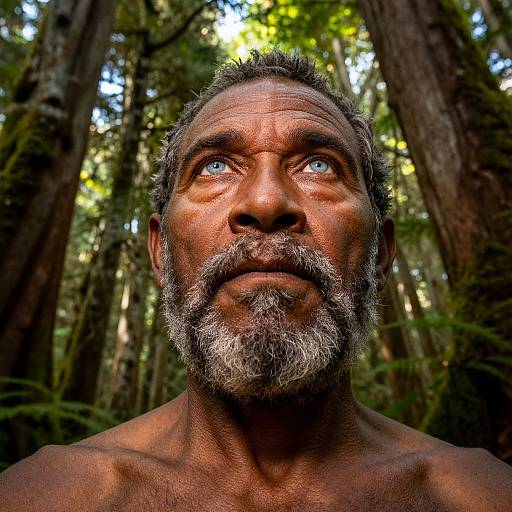 Photograph of a shirtless, middle-aged man with gray beard and blue eyes, looking upward in a sunlit forest, with tall trees in the