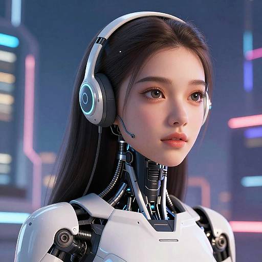 Digital CGI of an Asian woman with long black hair, wearing a white and black cybernetic suit, and futuristic headphones, set in a neon-l