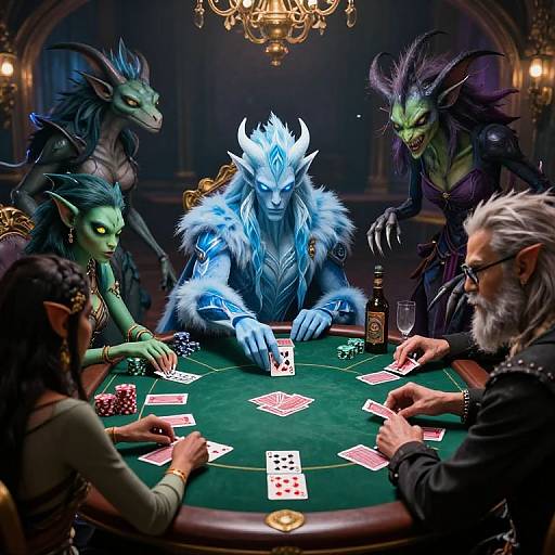 Digital fantasy painting: Five elven creatures with varying green, blue, and purple skin, horns, and fur, playing poker around a green table in