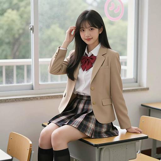 Asian Schoolgirl Sitting on Desk in Classroom