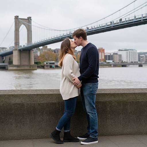 Photograph of a couple kissing by a river, with a large bridge in the background. She wears a white sweater and jeans; he wears a navy