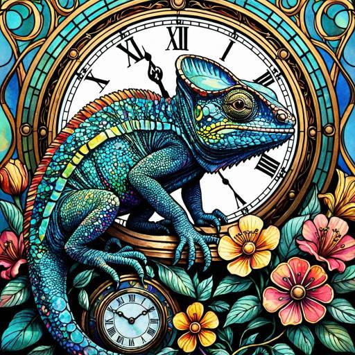 Iridescent Chameleon with Art Nouveau Clock and Flowers