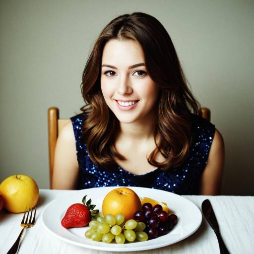 Young Woman in Blue Dress with Fruit Plate