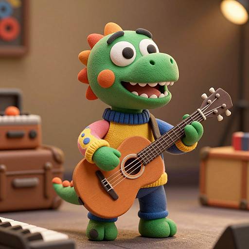 Photograph of a colorful, cartoon dinosaur playing an acoustic guitar in a cozy room with warm lighting and musical instruments.