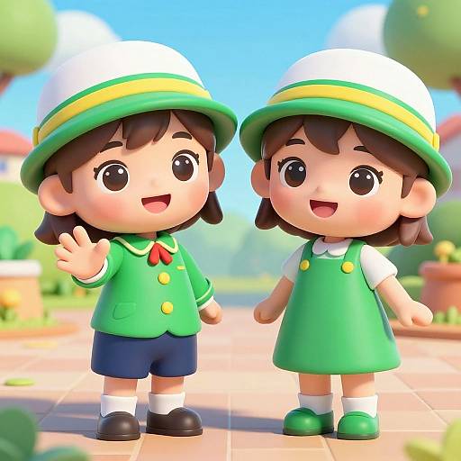 Cheerful Cartoon Girls in Green Uniforms
