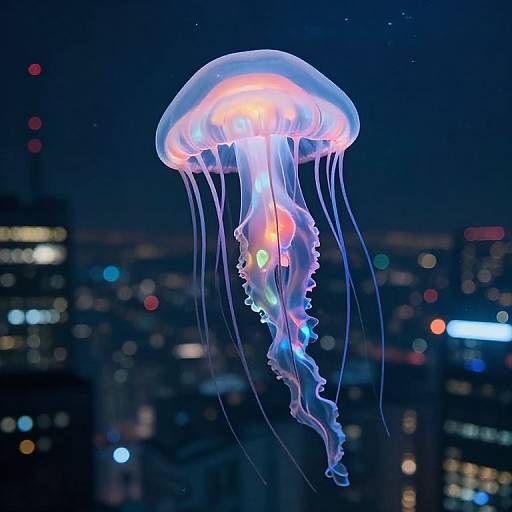 Photograph of a glowing, bioluminescent jellyfish with translucent pink and blue tentacles, floating against a nighttime cityscape backdrop with blurred,
