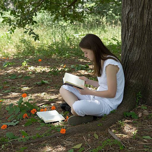 Photograph of a young woman with long brown hair, wearing a white dress, sitting under a tree, reading a book amidst orange flowers and dapp