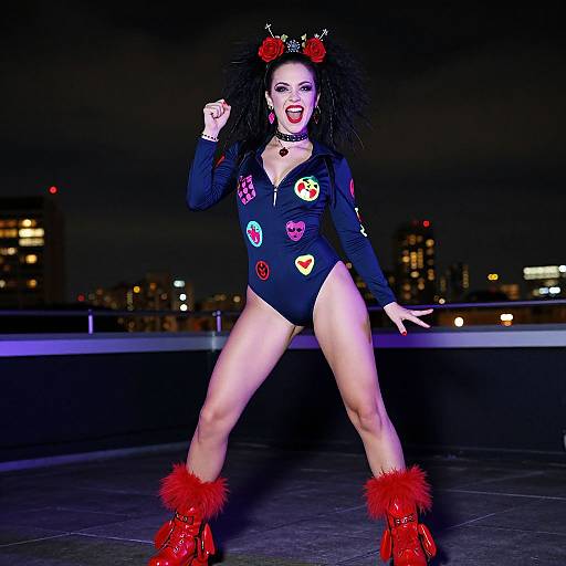 Photograph of a fierce woman with black dreadlocks, red devil horns, black leotard with colorful patches, red boots, and choker,