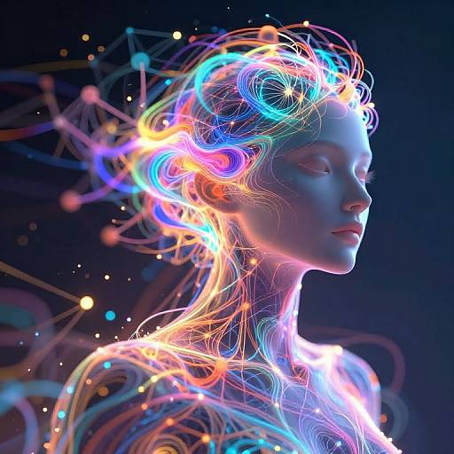 Digital artwork of a serene, blue-lit woman with neon, colorful, ethereal hair and light trails against a dark background.