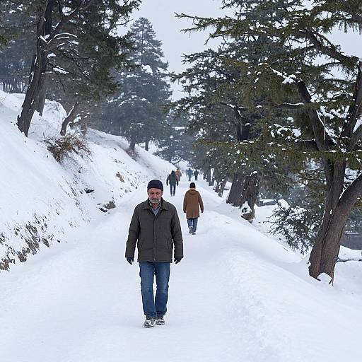 Photograph of three men walking on a snowy forest path, flanked by tall evergreen trees, dressed in winter jackets and hats.