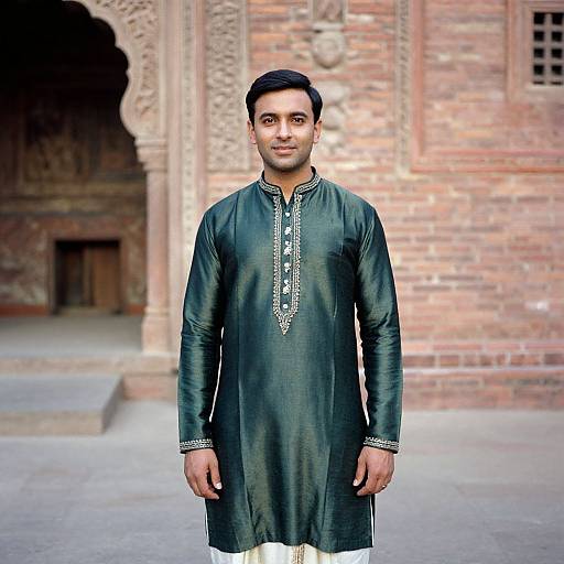Photograph of a South Asian man with short black hair wearing a black traditional long kurta with white embroidery, standing in front of a brick building with