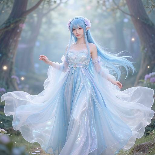 Digital artwork of a blue-haired elf woman in a flowing white dress, standing in a magical forest with glowing lights.