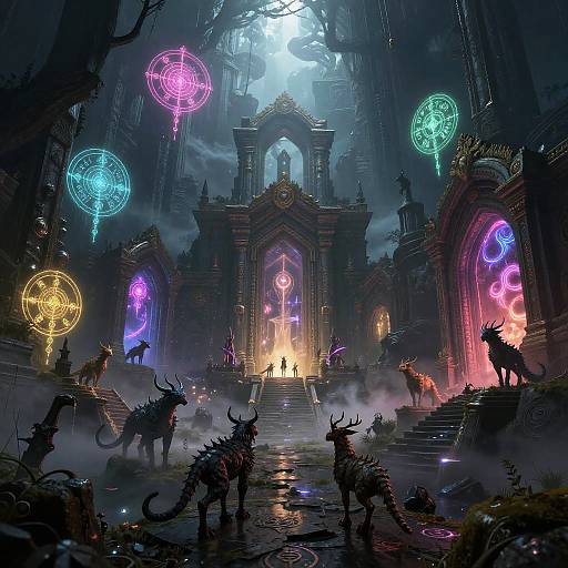 Digital fantasy artwork of a dark, misty cathedral with glowing, colorful magical orbs and silhouetted horned demons, illuminated by a central fiery
