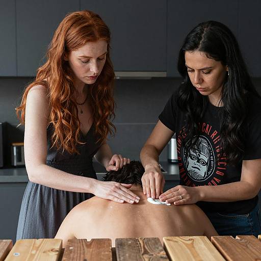 Intense Women in Kitchen Applying Ointment