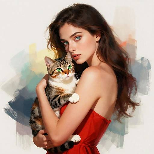 Surreal Woman in Red Dress Cradling Cat