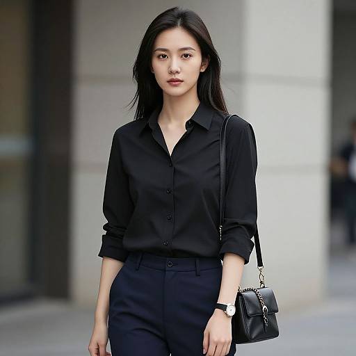 Photograph of an Asian woman with long black hair, wearing a black button-up shirt and pants, carrying a black handbag, standing confidently in an