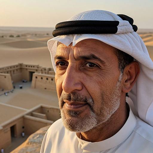 Photograph of an older Middle Eastern man with a white keffiyeh, black trim, and white thobe, standing in front of ancient desert