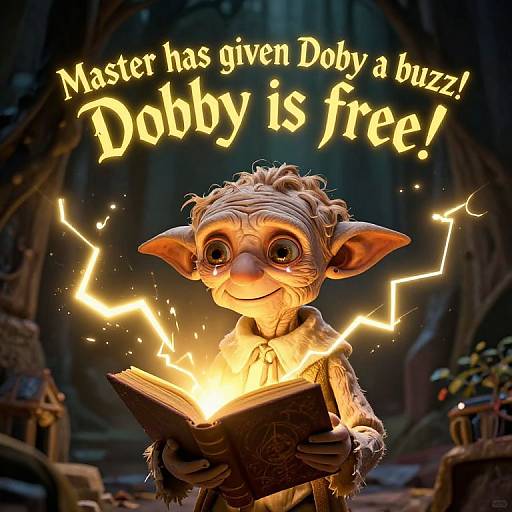 Digital CGI image of a cute, small, wrinkled, yellow-eyed goblin holding a glowing book, surrounded by lightning, with 