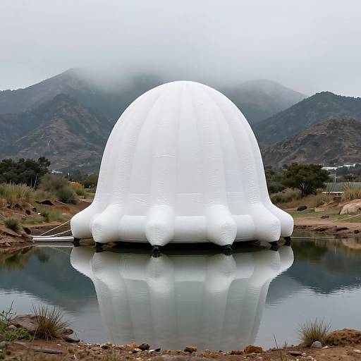 Photograph of a white, dome-shaped, inflatable structure covering a mountain-like object, reflecting in a calm lake, surrounded by rocky terrain and mist-covered