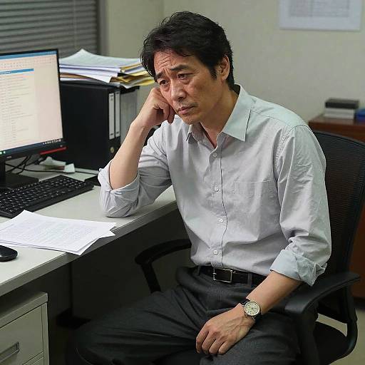 Photograph of a middle-aged Asian man with short black hair, wearing a white button-down shirt and black pants, sitting thoughtfully at an office desk