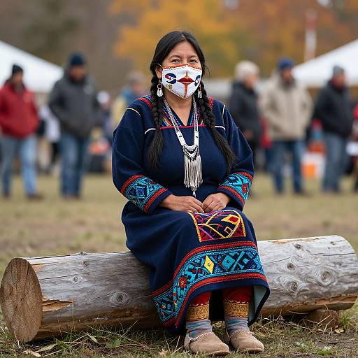 Photograph of a Native American woman with long black hair, wearing traditional blue dress, white face paint, sitting on log, autumn festival background.