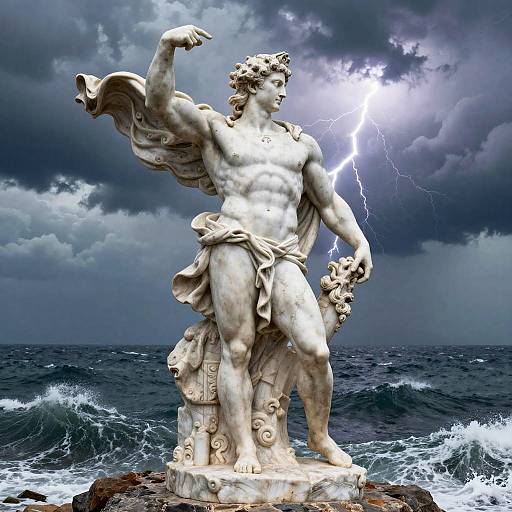 Muscular Greek God Statue on Cliff