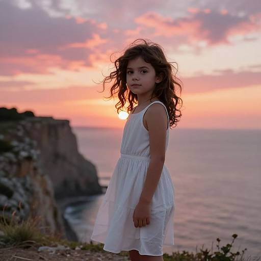 Photograph of a young girl with curly brown hair, wearing a white sundress, standing on a cliff at sunset, with pink and orange clouds in