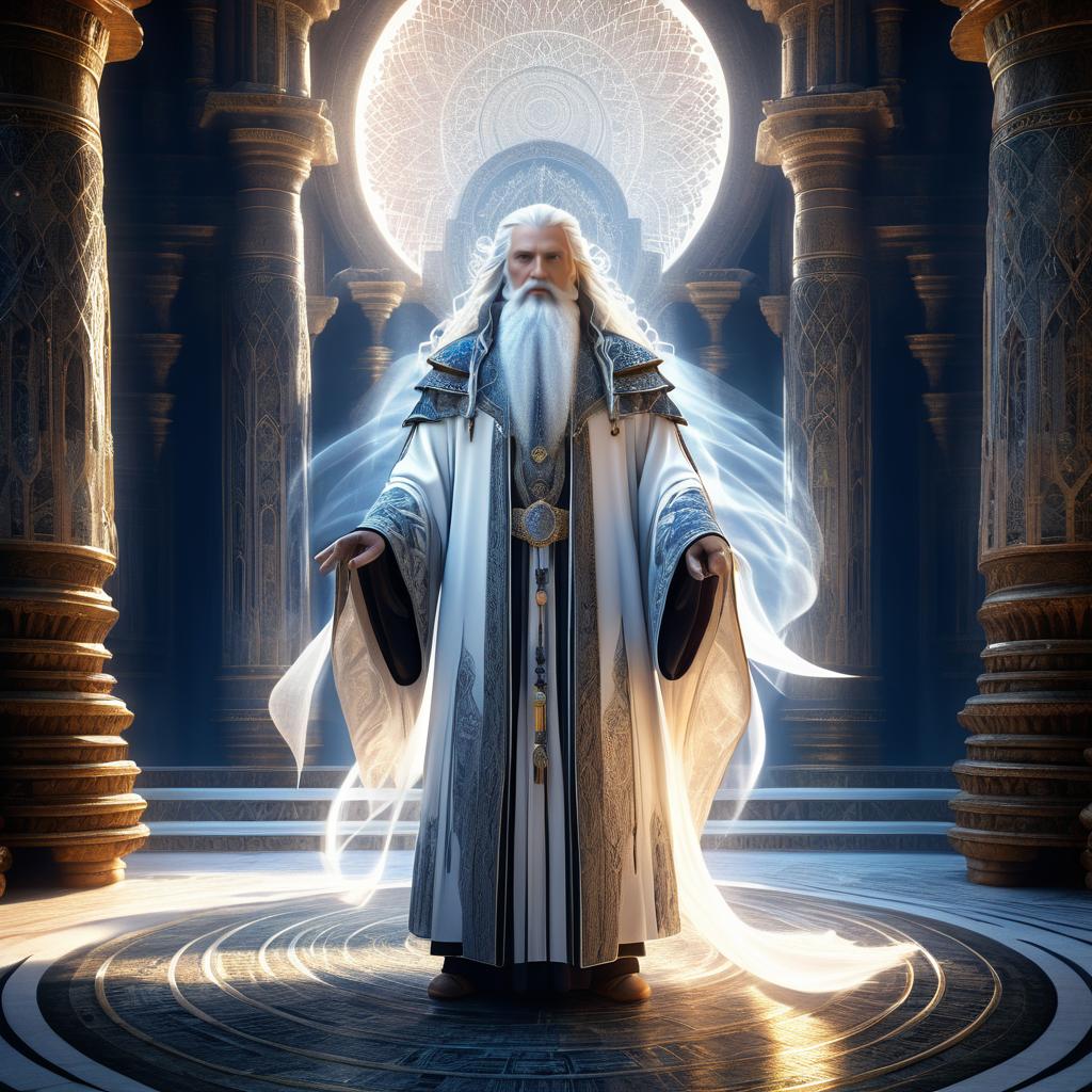 Cinematic Elderly Sorcerer in Ancient Temple