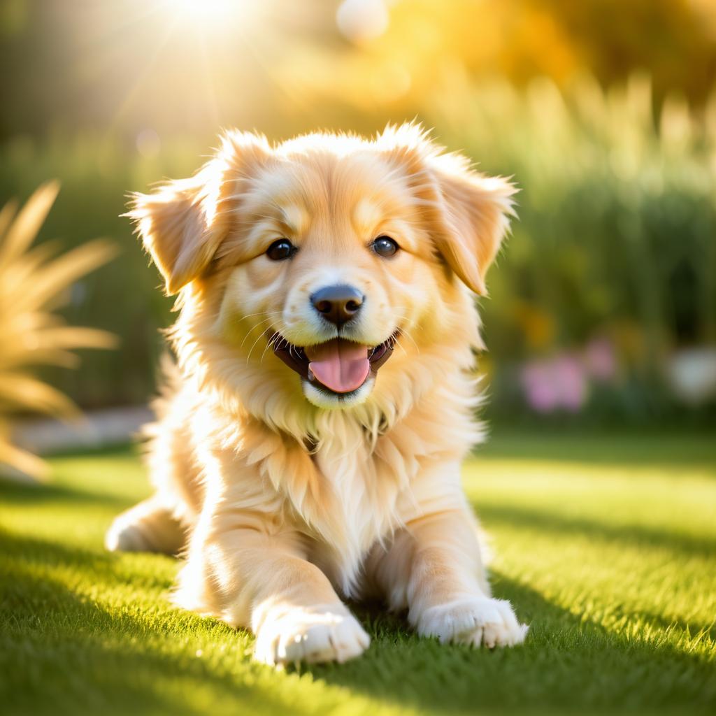 Playful Golden Puppy in Sunlit Garden