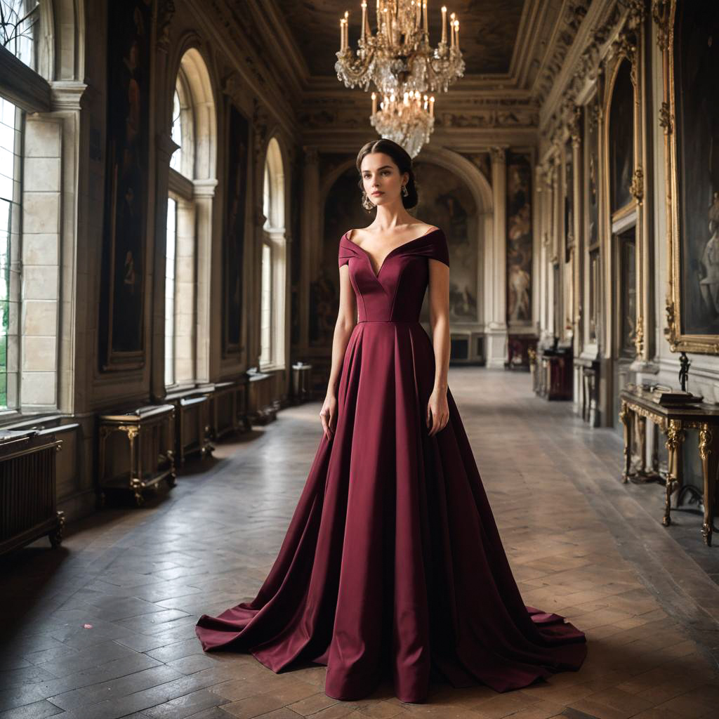 Elegant Lady in Burgundy Gown at Castle