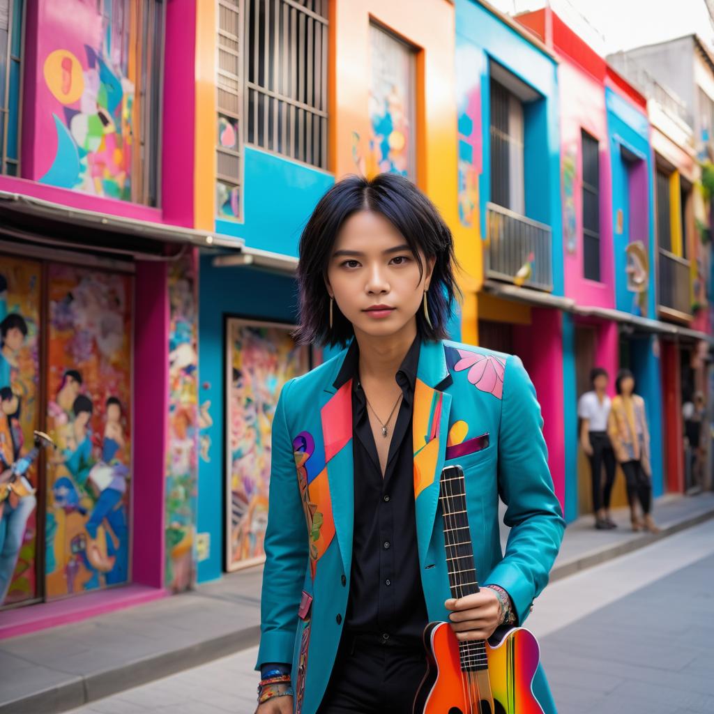 Vibrant Street Musician with Guitar