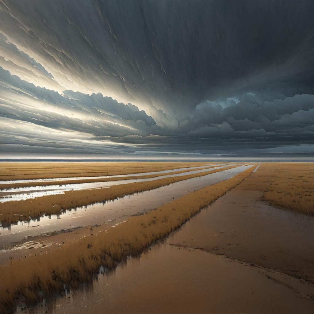 Panoramic Sandy Tundra Under Rainy Skies