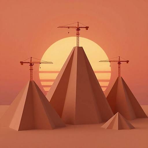 Digital artwork of three geometric pyramids with cranes on top, set against a vibrant orange sunset and large, glowing sun.