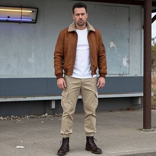 Photograph of a muscular man with short dark hair and beard, wearing a brown suede jacket, white t-shirt, beige cargo pants, and black boots