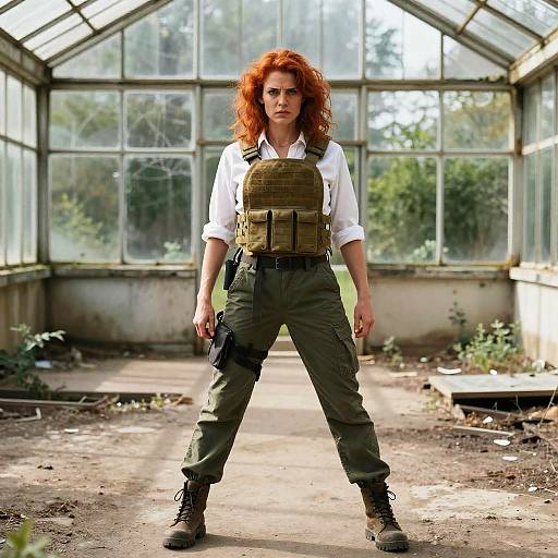 Photograph of a red-haired woman with curly hair, wearing a white shirt, green cargo pants, brown boots, and a tactical vest, standing confidently