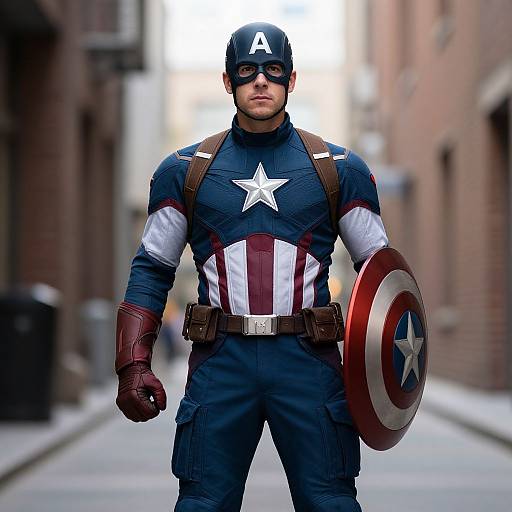 Photograph of a muscular man in Captain America's blue and red superhero suit, holding a shield, standing in a narrow urban alley.