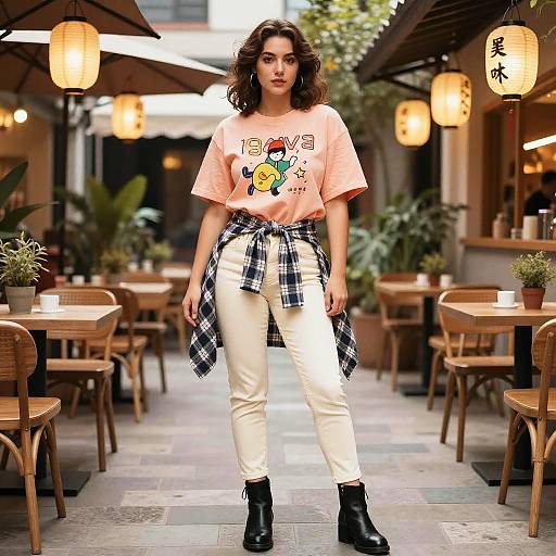 Photograph of a young woman with curly brown hair, wearing a peach T-shirt, white pants, black ankle boots, and a plaid shirt tied