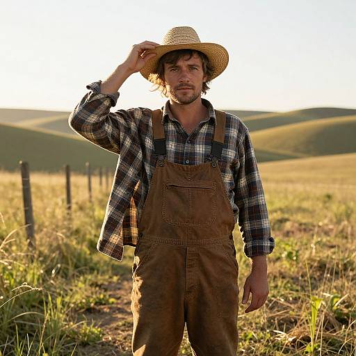 Photograph of a bearded man in a straw hat, plaid shirt, and brown overalls, standing in a sunlit, grassy field