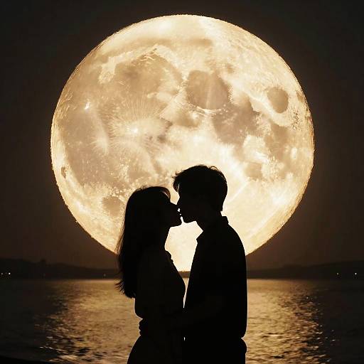 Silhouetted Couple Kissing Under Giant Full Moon