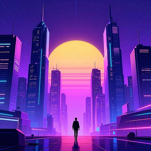 Digital art: Neon-lit cityscape at sunset, silhouetted figure stands in center, vibrant purple, pink, and yellow lights, tall