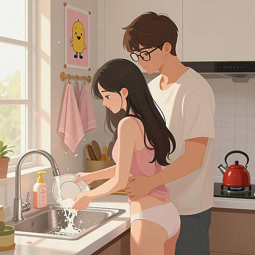 Cozy Kitchen Romance Illustration