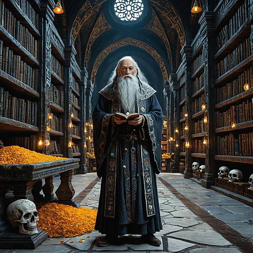 Elderly Wizard in Ancient Stone Library