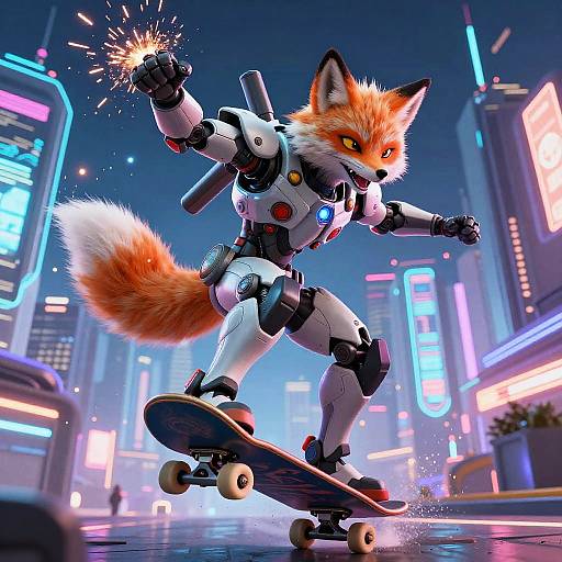 Futuristic Mecha Fox Skateboarding Action