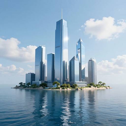 Photorealistic CGI of a futuristic island with tall, reflective skyscrapers surrounded by calm blue water under a clear sky.