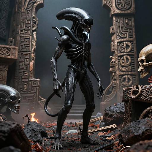 Obsidian Xenomorph in Volcanic Ruins
