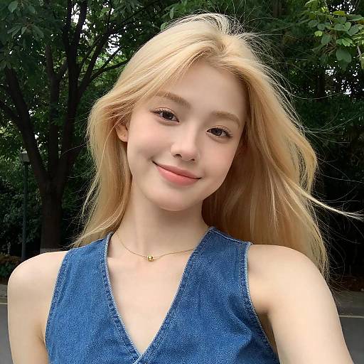 Young Blonde Woman in Denim Top Smiling Outdoors