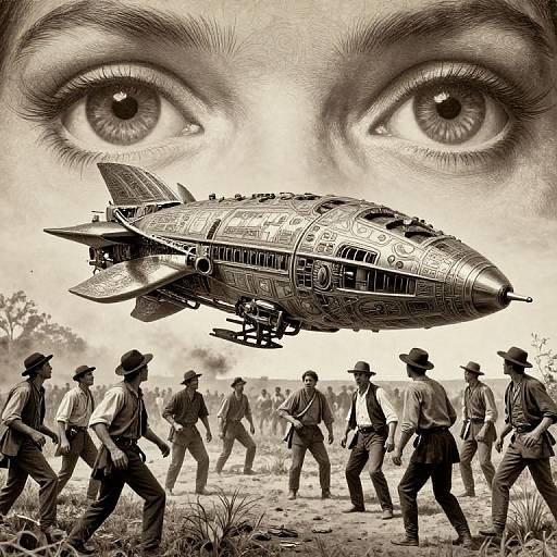 Black-and-white digital illustration: Close-up of intense eyes above vintage, detailed bomber plane; six men in hats and suits running below.