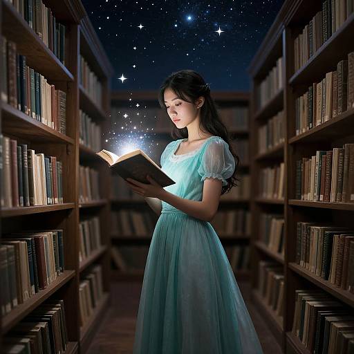 Photograph-like digital art of a young woman in a flowing, translucent blue dress, reading a glowing book in a starry library aisle.