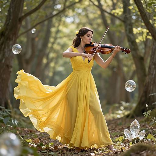 Photograph of a fair-skinned woman with dark hair in a flowing yellow dress, playing violin in a sunlit forest, surrounded by floating bubbles.